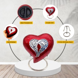 Heart Urn for Human Ashes - RED Angel Wings Heart Cremation Urn for everyones - Mini Urn with Box & Stand - Heart Shaped Memorial Urn - Small Keepsake Urn Heart - Honor Your Loved One with Urn