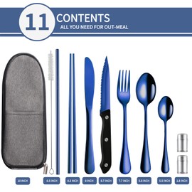 Portable Travel Utensils Set,Reusable Utensils,Travel Camping Cutlery Set,Stainless Steel Flatware Set with Case,Lunch Boxes Workplace Camping School Picnic (Blue)
