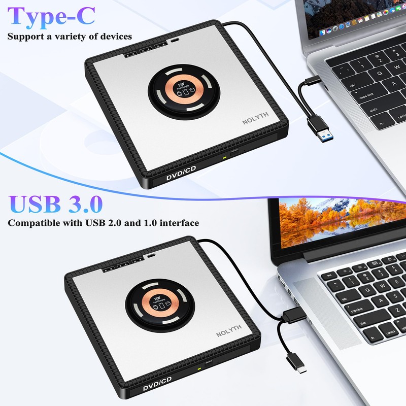 NOLYTH External CD Drive for Laptop: with 15W Wireless Charger