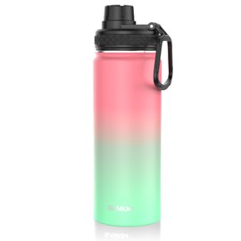 SASEUM Kids Sport Water Bottle 18oz Stainless Steel Double Wall Vacuum Thermal Mug with Leak Proof Spout Lids, Wide Mouth Metal Insulated Water Jug for Gym and Travel,Pink-Green