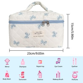 Quilted Makeup Bag,Large Capacity Travel Cosmetic Bag for Women and Girls,Aesthetic Storage,Suitable for Daily and Travel Use, Pink Bow, Bow Quilted