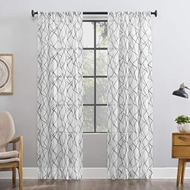 No. 918 Fraction 2-Pack Mid-Century Modern Geometric Embroidery Semi-Sheer Rod Pocket Curtain Panel Pair, 50" x 96", Black