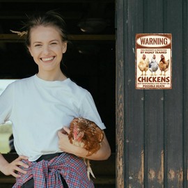 WADORN Funny Chicken Retro Metal Tin Sign, Warning This Property Is Protected By Highly Trained Chickens Vintage Metal Signs Chicken Coop Rustic Decor Gifts for Farmhouse Chicken House, 7.8x11.8 Inch