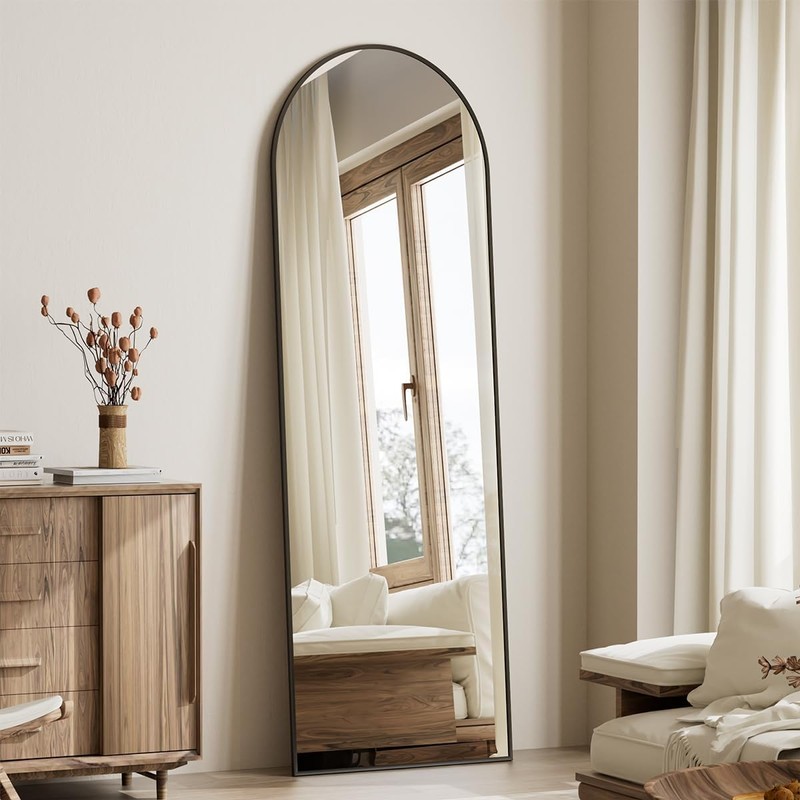 Koonmi Arched Full Length Mirror, 65"x24" Arched Black Floor Mirror,