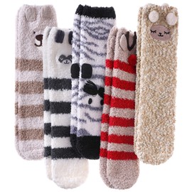 LINEMIN Womens Fuzzy Socks Cozy Fluffy Winter Warm Slipper Socks Microfiber Soft Home Sleeping Socks (5 Pack Pink Color Animal)