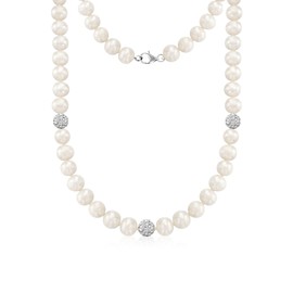 Savlano 8-9MM Cultured Freshwater Baroque Natural White Pearl Crystal Bead Necklace 17-inch, For Women Comes with Gift Box