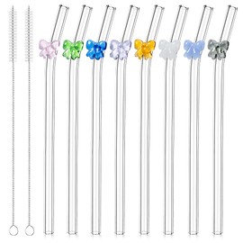 8 Pcs Fashionable Glass Straws with Bow Charms, Shatterproof Cute Fun Clear Bent Straws, Includes 2 Cleaning Brushes, Perfect for Cocktails, Coffee, Wine, Juices and Bar Drinks (Bow)