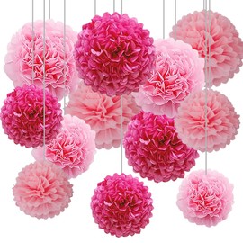 12pcs Pink Tissue Paper Pompoms,Hanging Paper Pom Poms for Engagement,Wedding,Birthday Party Deco(Hot Pink,Pink and Light Pink)