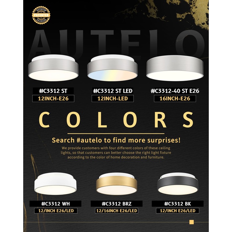 AUTELO 12" Flush Mount Ceiling Light Fixture, Frosted Glass Shade