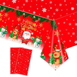 TOPWAYS Christmas Table Cloth, Red Santa and Snowman Christmas Disposable Plastic Xmas Tablecloth, 2 pack 137x274cm Rectangular Party Table Cover for Christmas and New Year Party Decoration