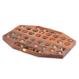 Ajuny Wooden Mancala Board Game Set - Folding Board with Multicolor Glass Stones, Ideal for Family Night, Portable Travel Fun Classic Table Game for Adults & Kids