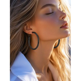 Women's Black Earrings, 60mm Stainless Steel Hypoallergenic Hinged Hoop Earrings, Minimal Jewellery for Females