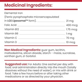 LCE Liposomal - Powder Gentle on the Stomach - 21g Elemental Iron Supplement with Vitamin B12, B6, D, C - Liquid Iron Supplements for Women, 20 Vegan Sachets – Made in Canada
