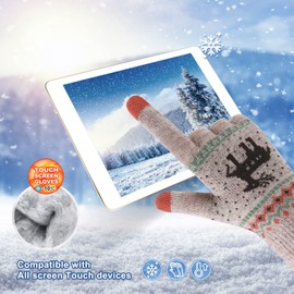 VENI MASEE Winter Women Lovely Deer Print Double Layer Keep Warm Touch Screen Gloves, Women Deer Khaki, 20CM