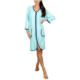 Aquarti Women's Bathrobe Dressing Gown with Zip House Coat Lightweight 3/4 Sleeves, turquoise