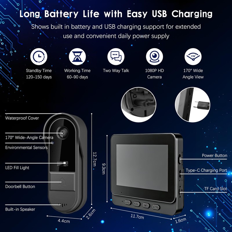 Wireless Video Doorbell Camera with 4.3 Inch IPS Display, 1080P