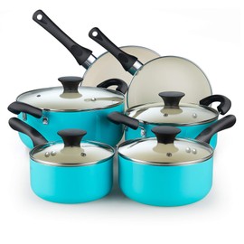 Cook N Home 10-Piece Ceramic Nonstick Cookware Set - Pots, Pans, Dutch Oven, Saucepans, Frying Pans and Lids - Turquoise