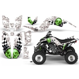 AMR Racing ATV Graphics Kit: Quad Stickers for Yamaha Raptor 660 (2001-2005), Featuring Checkerd Skull Green & White Design, Transform Your Ride with Cool ATV Stickers!