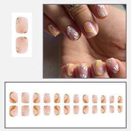 Spring Nails 24 Pcs Extra Short Press on Nails with Flower Designs RIICFDD Square Fake Nails Nude Full Cover False Nails for Women Girls
