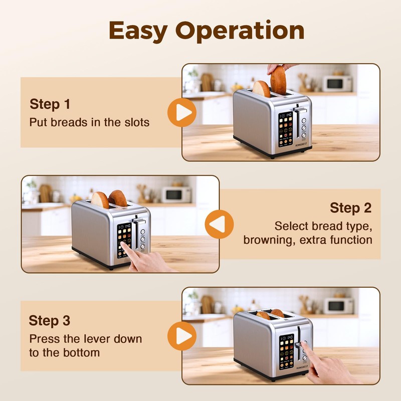 2 Slice Touch Screen Toaster with Wide Slots Stainless Steel