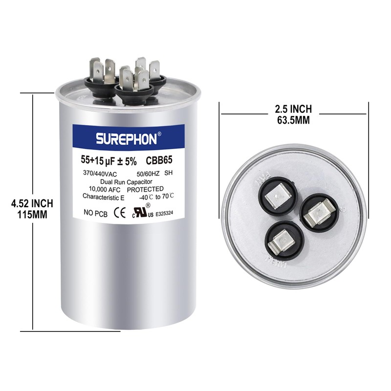 SUREPHON 55+15 uF 55/15 MFD ±5% 370V/440VAC Dual Run Start