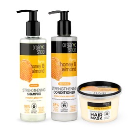 Organic Shop Honey & Almond Hair Strengthening Shampoo + Conditioner + Mask. Hydrate Moisturizing Restorer, Softens & Deeply Hydrates Dry Damaged Hair, Sulfate Free. 100% Vegan & Organic. Pack-3