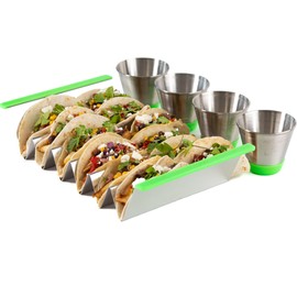 Mkchentul 316 Stainless Steel Taco Holder Stand for 12 Tacos and 4 Sauce Cups, Premium Taco Rack with Silicone Handles, Taco Shell Holder, Stylish Rack Taco Tray, Oven & Dishwaher Safe, BPA free
