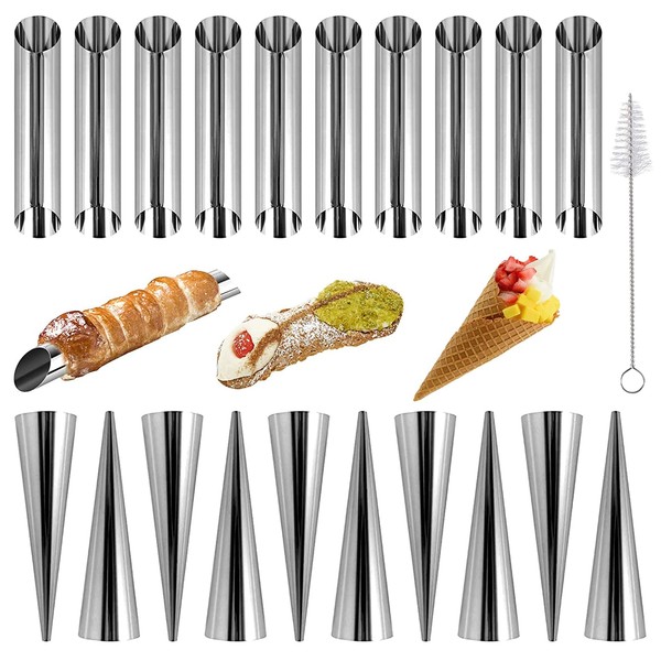 Cannoli 21 Pcs Stainless Steel Cannoli Tubes Cream Roll Mold Screw Croissant Cone Shape Cannoli Tube Croissant Baking Mould with Cleaning Brush