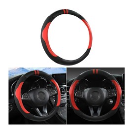 BESULEN Car Steering Wheel Cover, Universal 15 Inch, Carbon Fiber Leather Anti-Slip Steering Wheel Cover, Breathable and Odorless, Warm in Winter and Cool in Summer, Car Accessories (Red)