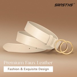 SANSTHS 2 Pack Women Leather Belts Faux Leather Jeans Belt with Double O Ring Buckle Black Beige M