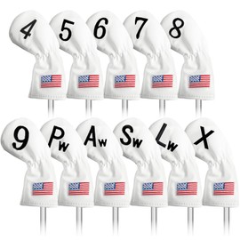 Golf Iron Covers Set US Flag Leather for Irons Value 11 Pack, Long Neck Protector Number Headcover, Universal Head Cover Fit Main Iron Clubs for Men Women Golfer (White-USA Flag)