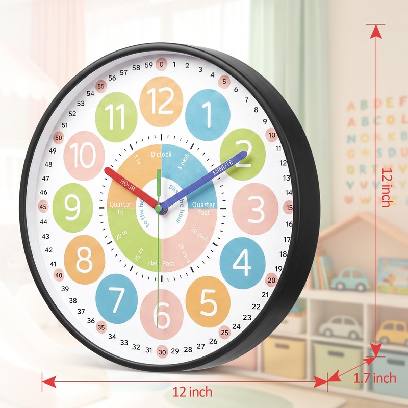 12" Educational Wall Clock, Colorful Time Teaching Analog Clock
