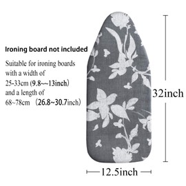 MZXcuin Small Ironing Board Cover Scorch Resistant, Cotton Table top Ironing Board Cover with Padding Heat Reflective Heavy Duty Pad (Grey Floral, 12.5"x32")