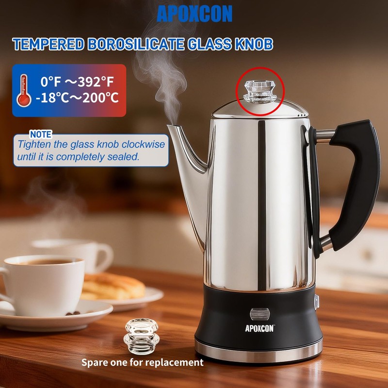 APOXCON Electric Coffee Percolator Stainless Steel Coffee Maker with Clear