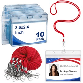 Red Lanyards for ID Badges 10 Pack with ID Holder, Clear Horizontal Waterproof Name Badge Holder with Neck Lanyard, Plastic ID Card Holder for Work, School, Events, Conference & Travel