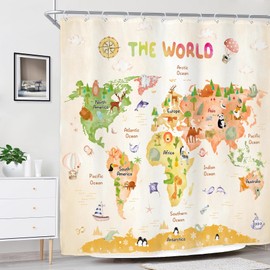 Riyidecor Kids World Map Shower Curtain for Bathroom Decor 72Wx72H Beige Funny Educational Cartoon Cute Animal Geography Continents Ocean Art Printed Fabric Polyester Waterproof 12 Pack Plastic Hooks