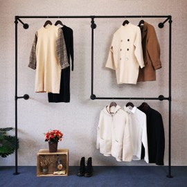 Anynice Industrial Pipe Clothing Rack,Industrial Clothing Rack, Clothing Rods for Hanging Clothes,Clothes Rack,Wall Mounted Garment Rack, Heavy Duty Coat Rack (81.1" W x 14.4" D x83.5 H, ANY-DF33)