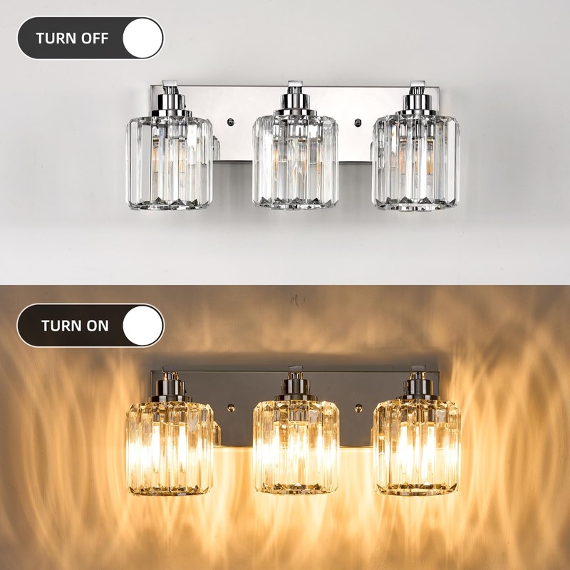 Haolaike 3 Lights Crystal Bathroom Vanity Light Modern Chrome Bathroom