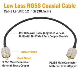 exgoofit PL259 Male to Male Adapter 12 inch RG58 Cable 2-Pack Low Loss Digital Coax UHF Jumper Cable for HAM & CB Radio,Antenna Analyzer,Dummy Load,SWR Meter