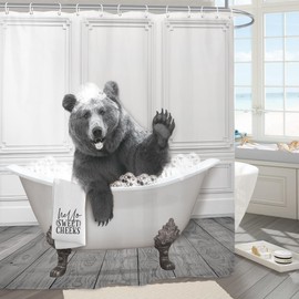 Yookeb Funny Bear Bathroom Shower Curtain 71W by 71H Inch Animal Farmhouse Cabin Hello Sweet Cheeks Rustic Polyester Fabric 12 Plastic Hooks Waterproof Decor