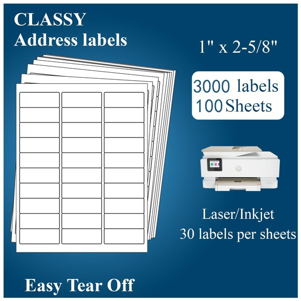 (100 Sheets, 3000 Labels) Sticker Paper, 1" x 2 5/8"