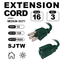 EP 6FT Green Outdoor Extension Cord, 16/3 SJTW Heavy Duty Waterproof, 3 Prong Grounded Plug, 13A 1625W 16AWG, Cold-Resistant Flexible Power Cable for Garden, Home, Christmas Lights, UL Listed