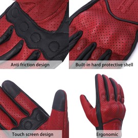 Harssidanzar CM043EUA Men's Motorcycle Gloves Goatskin Leather Full Finger Breathable and Perforated Design Touchscreen Summer Motorcycle Gloves C2-Red, Size L