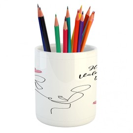 Ambesonne Valentine's day Pencil Pen Holder, A Continuous Line Art Picturing a Love Themed Vektor Illustration, Ceramic Pencil Holder for Desk Office Accessory, 3.6" X 3.2", White and Blush
