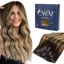 Fshine Real Hair Extensions, Clip-In Real Hair, 45 cm, Balayage Medium Brown with Platinum Blonde, Straight, Remy Real Hair Extensions for Women, 120 g, 7 Pieces