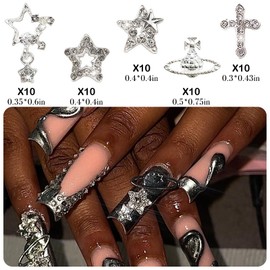 Gehaiwo 124PCS Sliver Nail Charms Nail Accessories for Acrylic Nails，Star，Planet，Cross，Pins，Notes，Handcuffs Alloy Y2K Nail Jewels Nail Art Rhinestone for Nail Art Supplies DIY Nail Craft