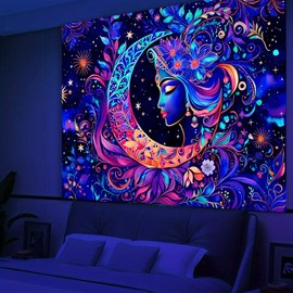 Simpkeely Blacklight Moon and Star Tapestry, Elegant Goddess UV Reactive Sun Mandala Wall Hanging Tapestries, Colorful Boho Aesthetic Tapestry for Bedroom, Living Room - 59.1" x 80"