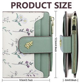 Farcauo Cute Green Flower Wallet for Women Small Kawaii Coin Purse with ID Window Lightweight and Stylish Design Compact Cash Wallet for Ladies