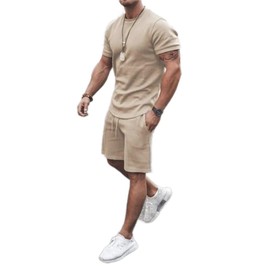 congluoki Men's Shirt and Shorts Set 2 Piece Outfits Fashion Summer Tracksuits Casual Sportwear Set Light Khaki S