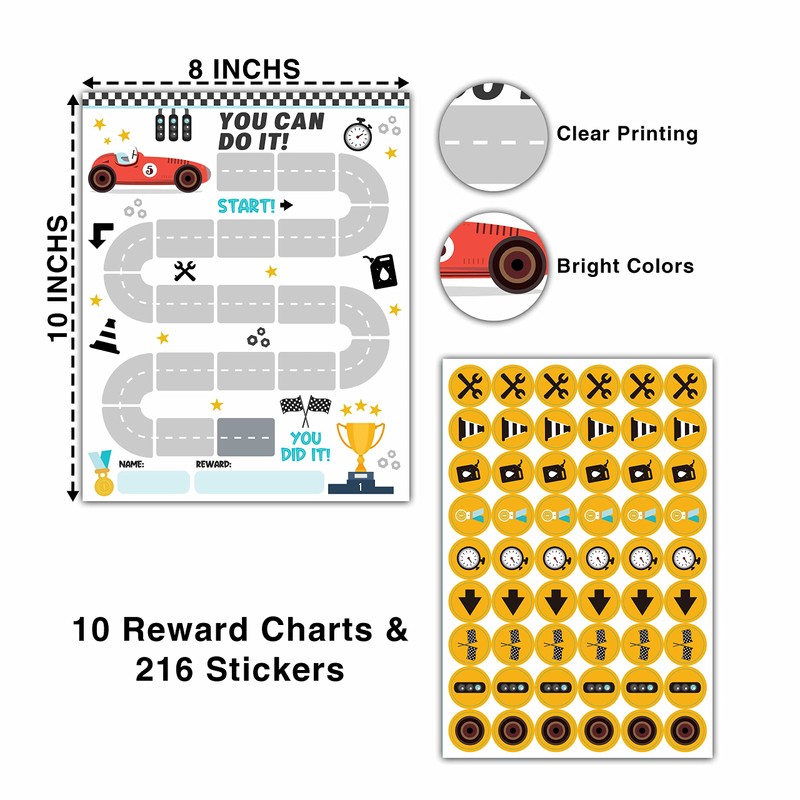 10 Racing Car Reward Chart with 216 Round Stickers, Incentive